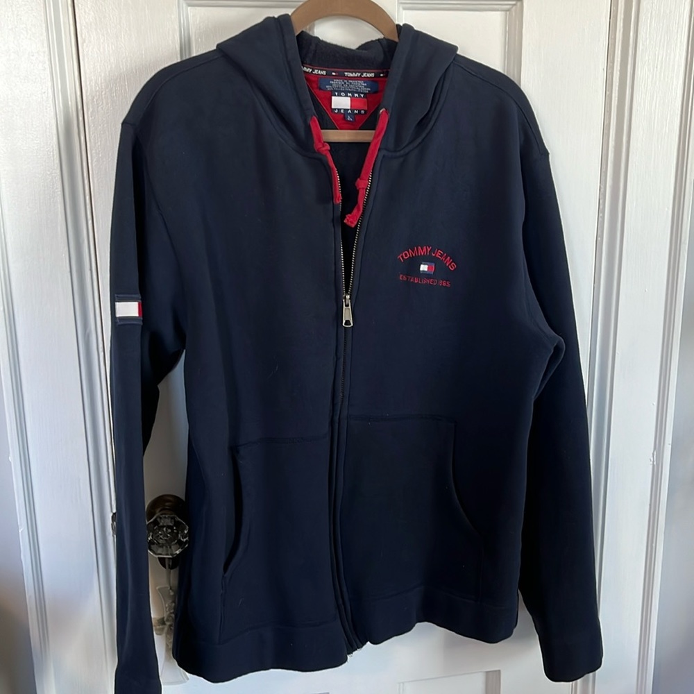 Tommy Hilfiger L blue hooded sweat jacket very good condition